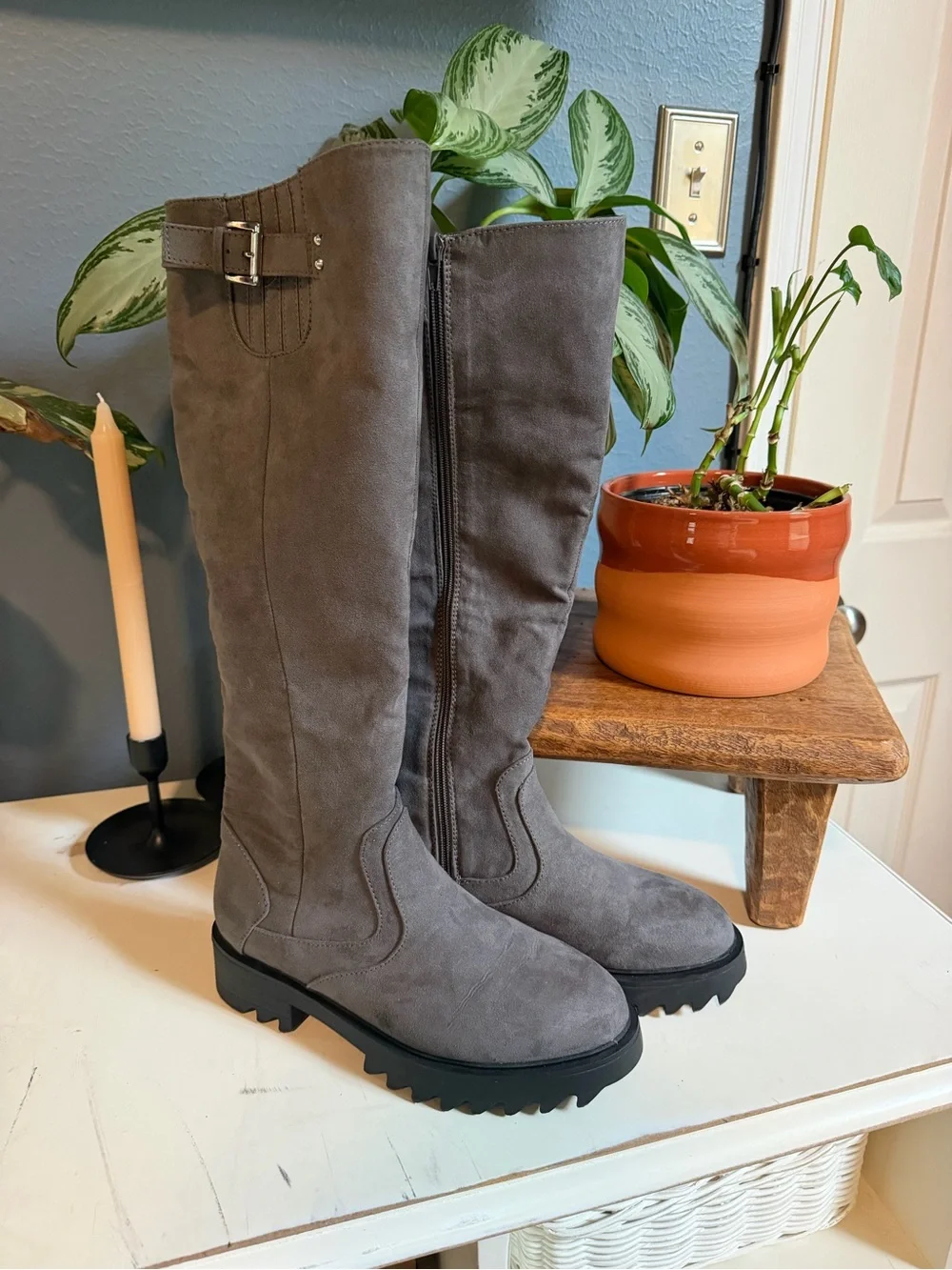 Gray faux Suede Knee-High Riding Boots